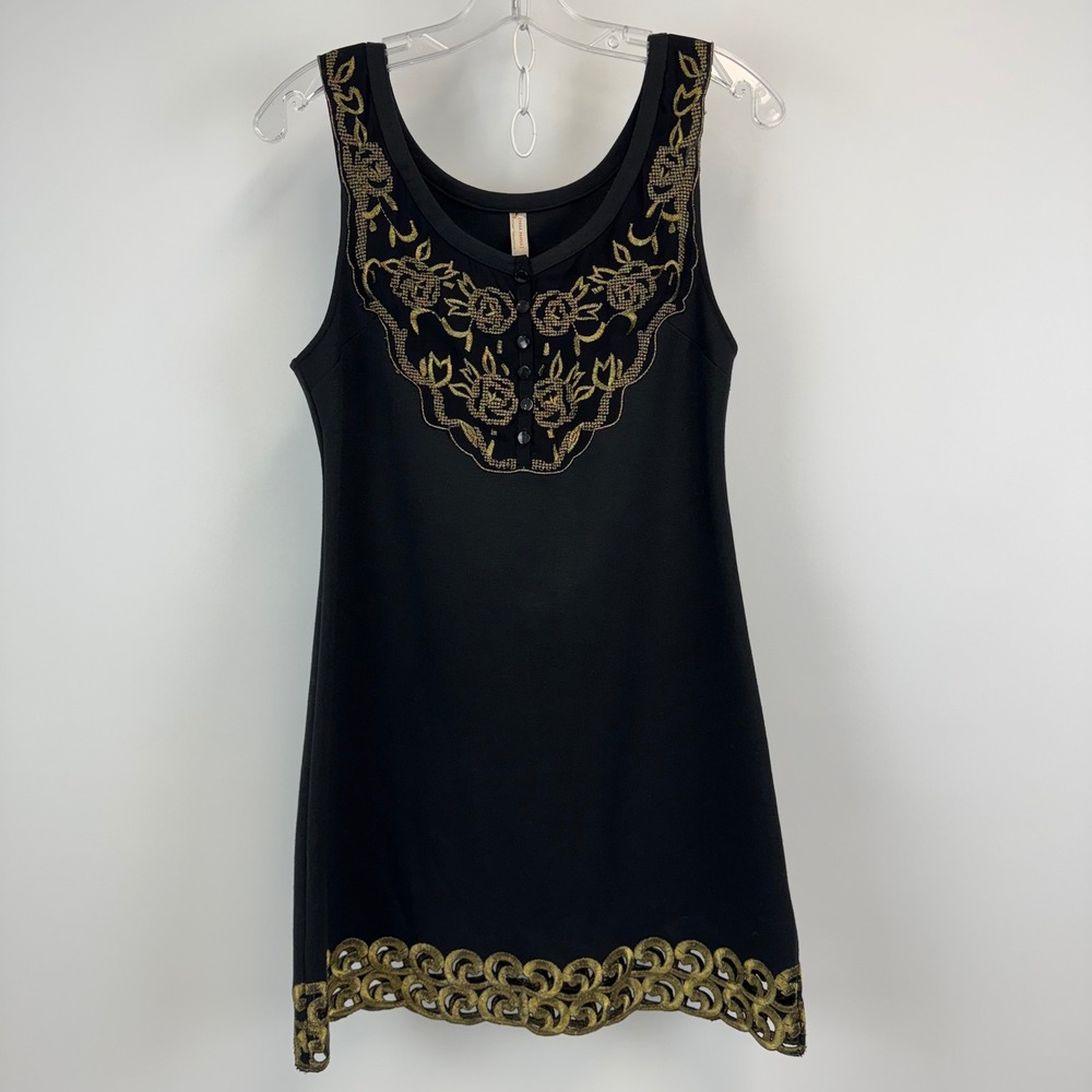 Free‎ People Black Gold Embroidered Sleeveless Mini Dress Size 4 Floral Cutout